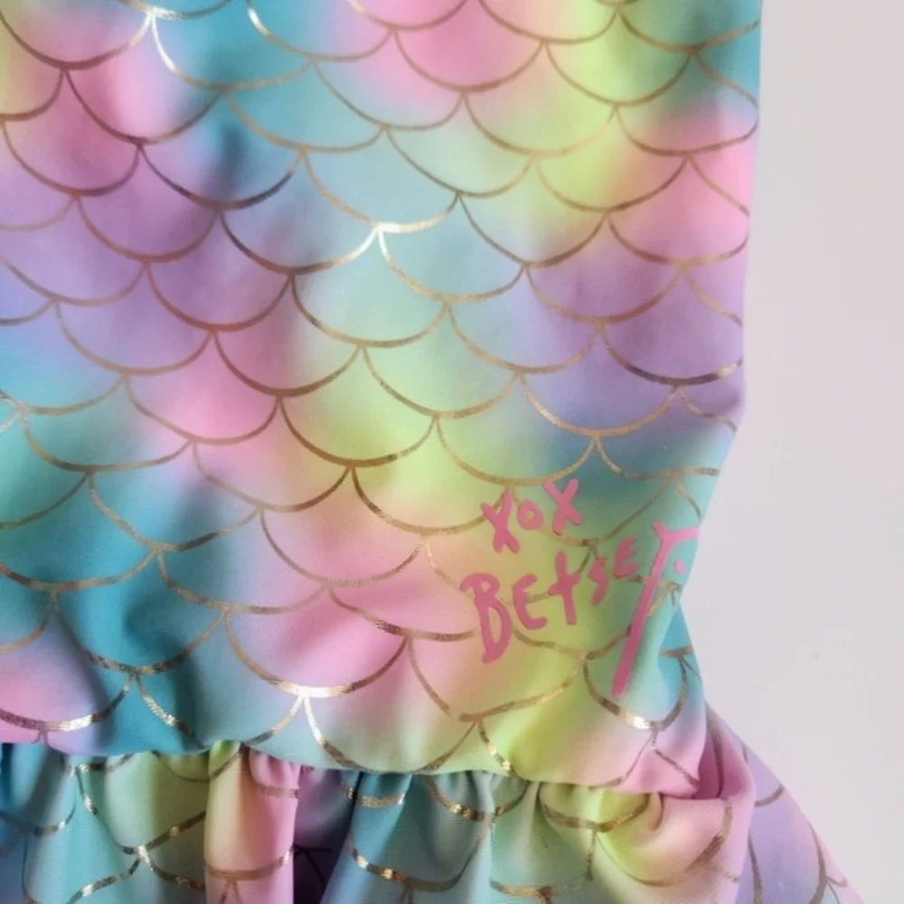Betsey Johnson Girls XL 14 Mermaid‎ Scale Rainbow Ruffle One Piece Swimsuit Gold